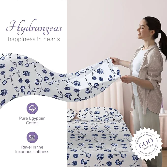 Crafted Carressa Linen Luxury Egyptian Cotton King Printed Sheet Set – 600 Thread Count Extra Long Staple 4 PC Set Blossom Azure King Printed Sheets Soft Cooling Sateen Weave Sheets Upto 18 in Deep Pocket Next-Generation