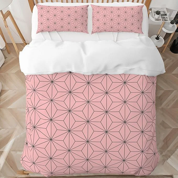 High-End INFLAG Anime Bedding Set – Soft Brushed Microfiber 90×90 Inches Duvet Cover Set 3 Piece 1 Duvet Cover with Zipper Closure and 2 Pillow Shams Queen Pink Contemporary