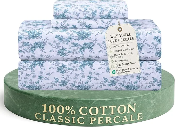 Environmentally Friendly Feather amp Stitch Softest Cotton Sheets 300 Thread Count Percale Weave Bedding 16 quot Deep Pocket Cooling Sheets Breathable Bed Set Hotel Premium Quality Twin Blue Floral Trusted