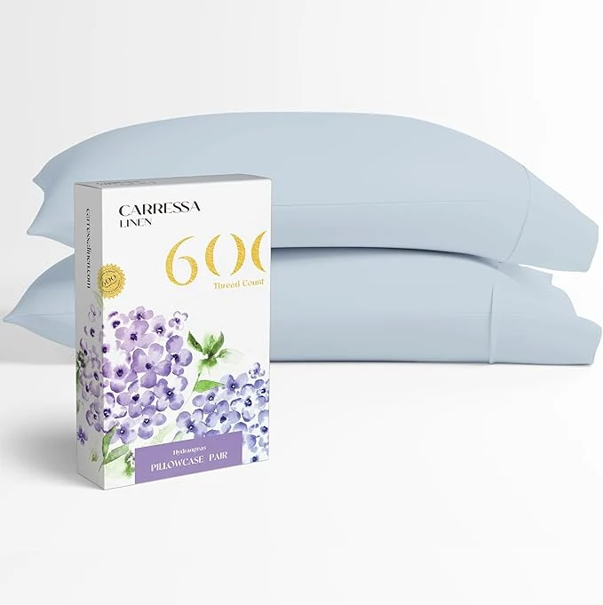 Minimalist Carressa Linen Egyptian Cotton King Size Pillow Cases Set of 2 – Luxury 600 Thread Count King Pillowcases Light Blue Silky Soft Cooling Breathable Sateen Weave Hotel Quality Bed Pillow Cover Lightweight