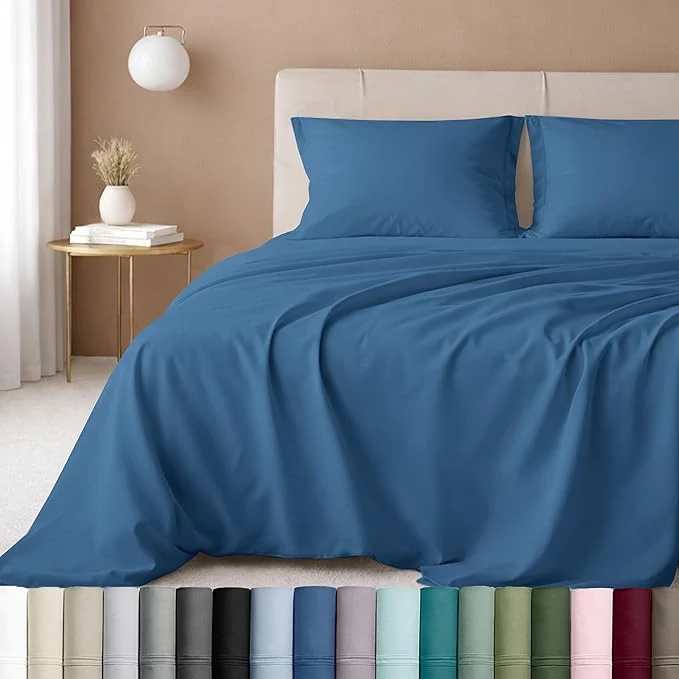California Design Den Natural Cotton Bed Sheets Full Size Set – Luxury 600 Thread Count Sateen Fully Elasticized Deep Pockets Crisp and Durable – Parisian Blue Artisan