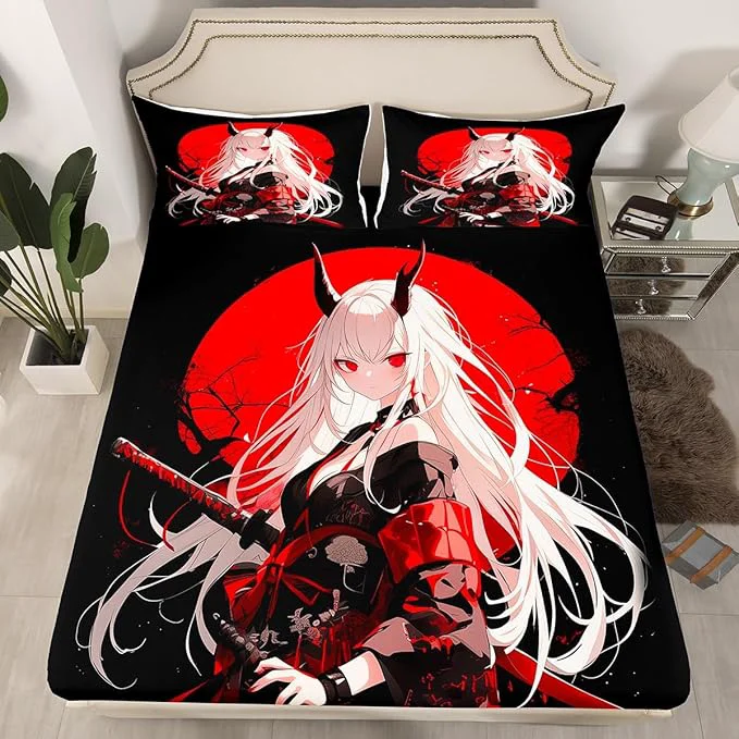 Superior Erosebridal Twin Japanese Anime Bedding Set for Kids Anime Girl Bed Sheets Kawaii Japanese Style Fitted Sheet Cartoon Japan Animation Bed Set for Boys Teen Adult Women Bedroom Red Black World-Class