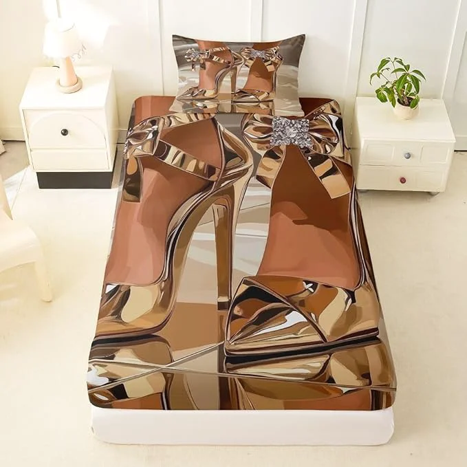 Artisan Erosebridal High-Heels Girlish Girls Bed Sheets Twin Size Romantic Fashion Fitted Sheet Fashionable Gorgeous Bedding Set for Kids Children Women Bedroom Decor Modern Minimalist Gold Sheets Safe