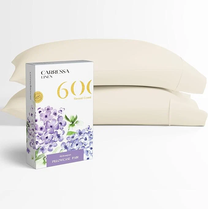 Dependable Carressa Linen Egyptian Cotton Pillow Cases Queen Size Set of 2 – Luxury 600 Thread Count Ivory Standard Queen Size Pillowcases Silky Soft Cooling Sateen Weave Hotel Quality Bed Pillow Cover Exclusive
