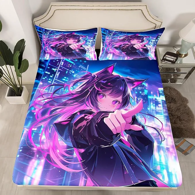 Minimalist Erosebridal Kids Anime Girl Queen Size Bedding Set Japanese Anime Bed Sheets Cartoon Girl Fitted Sheet for Boys Teens Bedroom Decor Kawaii Japanese Animation Bed Set with 2 Pillow Cases Detailed