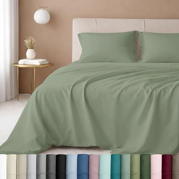 Elite California Design Den Natural Cotton Bed Sheets Twin Size Set – Luxury 600 Thread Count Sateen Fully Elasticized Deep Pocket Sheet Set Cool and Durable Hotel Quality Bedding – Laurel Green Contemporary