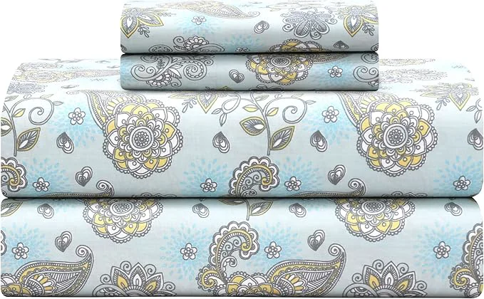 Genuine Feather amp Stitch Softest Cotton Sheets 300 Thread Count Percale Weave Bedding 16 quot Deep Pocket Cooling Sheets Breathable Bed Set Hotel Premium Quality King Aqua Paisley Secure