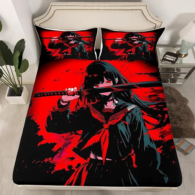 Fine Erosebridal Japanese Anime Bedding Set for Kids Anime Girl Fitted Sheet Full Size Japanese Girl Bed Sheets for Girls Teens Adult Kawaii Animation Red Black Sheets Machine Washable Recyclable
