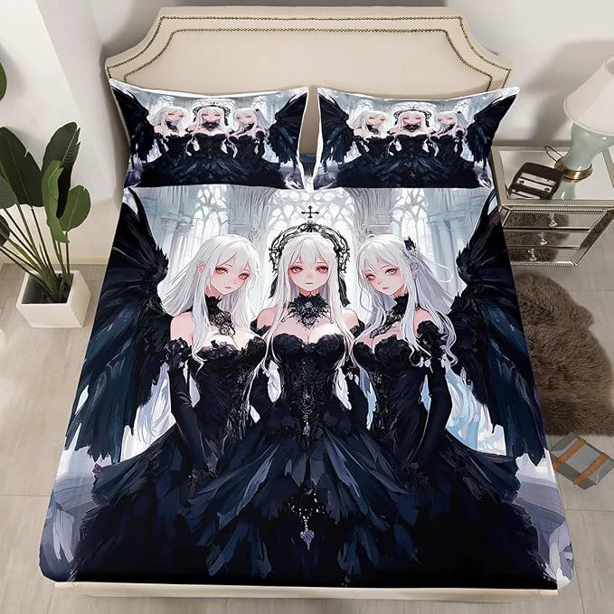 Fine Erosebridal Japanese Anime Twin Size Fitted Sheet Anime Girl Bedding Set Kawaii Japanese Style Bed Sheets Cartoon Japan Animation Bed Set for Boys Teens Adult Women Bedroom Decor Black Top-Quality