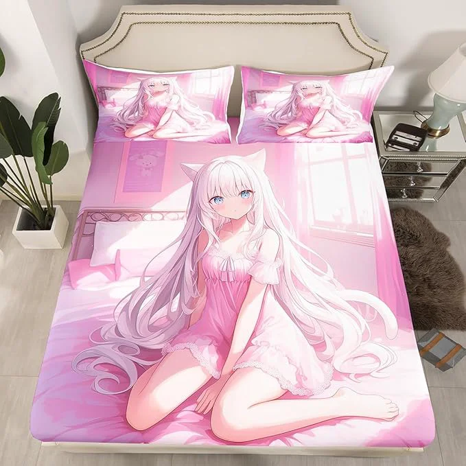 Artisan Erosebridal Full Size Japanese Anime Fitted Sheet for Kids Anime Girl Bedding Set Kawaii Japanese Style Bed Sheets Cartoon Japan Animation Bed Set for Boys Teen Adult Women Bedroom Pink Flexible