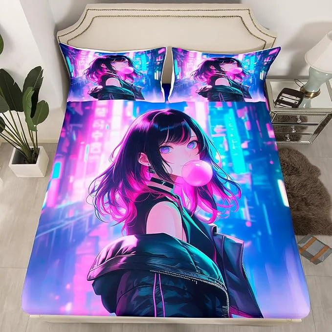 Smart Erosebridal Anime Girl Bedding Set Full Size Kawaii Japanese Anime Bed Sheets for Kids Boys Teens Adult Women Cartoon Girl Fitted Sheet Japan Animation Bedroom Decor Machine Washable High-Performance