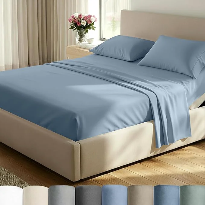 Classic California Design Den Split King Sheet Set – Cotton 600 Thread Count Breathable Luxury King Size Sheets for Adjustable Bed Luxury Soft Hotel-Quality Sheets with Sateen Weave – Pastel Blue Natural