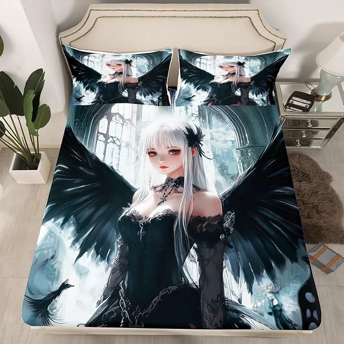 Premium Material Erosebridal Anime Girl Bed Sheets Full Size Kawaii Japanese Anime Fitted Sheet for Kids Boys Teens Adult Cartoon Girl Bedding Set Japan Animation Bedroom Machine Washable Black White Certified