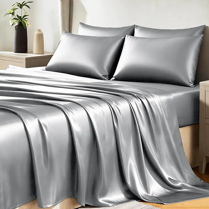 CozyLux Satin Sheets Queen Size Bed Set – 6 Piece Silky Queen Sheet Set Luxury Light Grey Queen Sheets with Smooth and Soft Microfiber Includes 1 Fitted Sheet 1 Flat Sheet and 4 Pillowcases Optimized