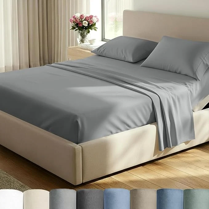 Dependable California Design Den Split King Sheet Set – Cotton 600 Thread Count Breathable Luxury King Size Sheets for Adjustable Bed Luxury Hotel-Quality Sheets with Soft Sateen Weave – Mist Grey Secure