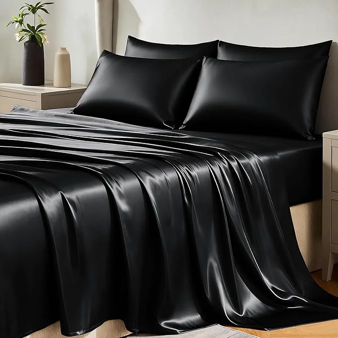 First-Class CozyLux Satin Sheets Queen Size Bed Set – 6 Piece Silky Queen Sheet Set Luxury Black Queen Sheets with Smooth and Soft Microfiber Includes 1 Fitted Sheet 1 Flat Sheet and 4 Pillowcases Powerful