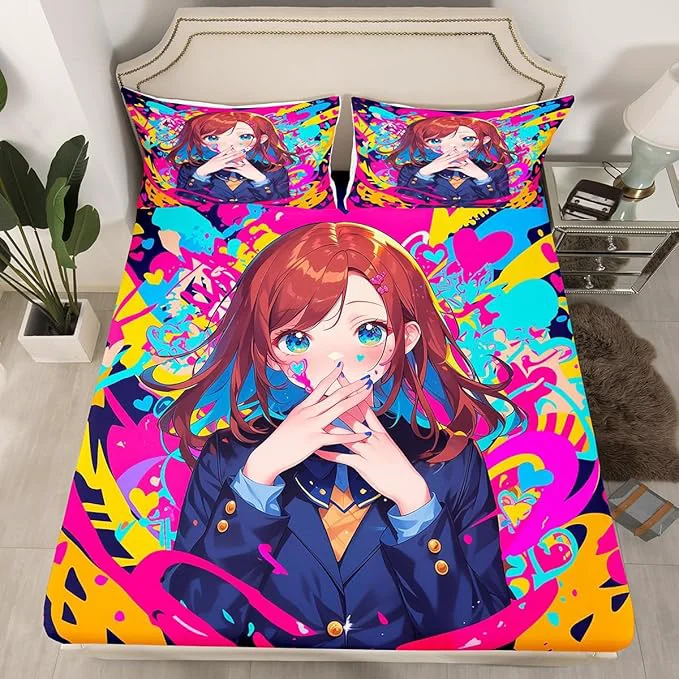Verified Erosebridal Anime Girl Full Bed Sheets Japanese Anime Bedding Set 3 Piece for Kids Girls Teens Adult Bedroom Decor Cartoon Girl Fitted Sheet Kawaii Japanese Animation Sheets Next-Generation