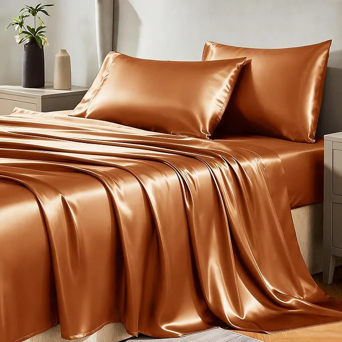 Original Design CozyLux Satin Sheets King Size Sheet Set – 4 Piece Silky King Sheets Luxury Terracotta King Bed Set with Smooth and Soft Microfiber Includes 1 Fitted Sheet 1 Flat Sheet and 2 Pillowcases Fine