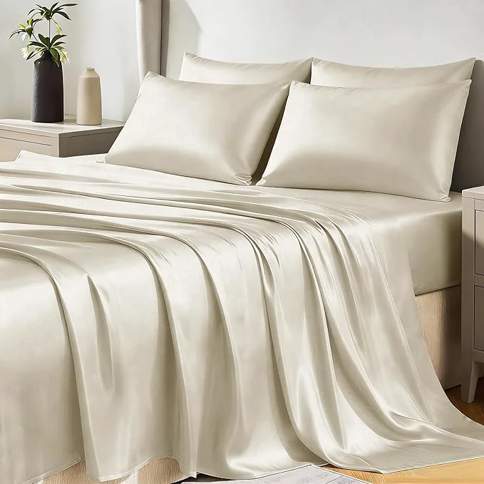 Casual CozyLux Satin Sheets Full Size Sheets – 6 Piece Silky Full Size Bed Sheets Luxury Beige Full Bed Set with Smooth and Soft Microfiber Includes 1 Fitted Sheet 1 Flat Sheet and 4 Pillowcases Convenient