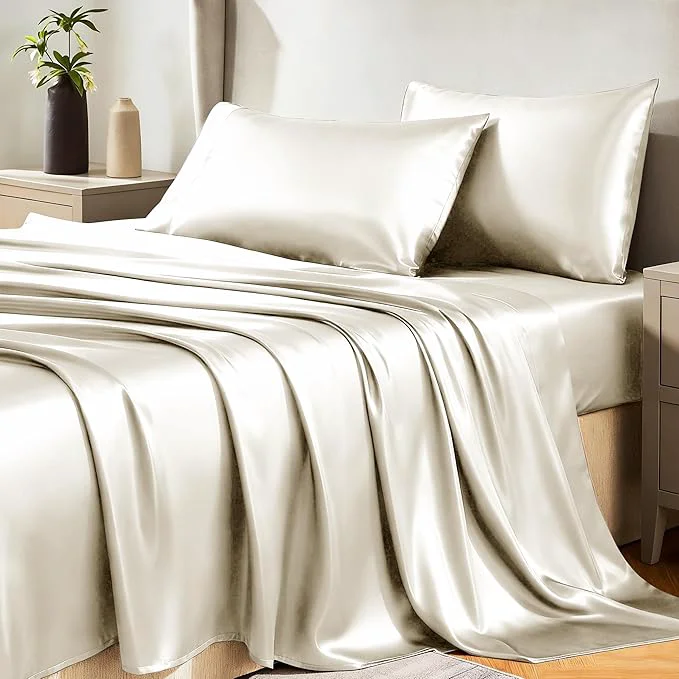 High-End CozyLux Satin Sheets Full Size Sheets – 4 Piece Silky Full Size Bed Sheets Luxury Beige Full Bed Set with Smooth and Soft Microfiber Includes 1 Fitted Sheet 1 Flat Sheet and 2 Pillowcases Responsible