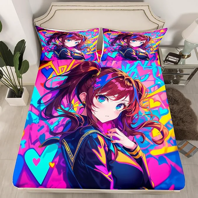 Premium Erosebridal Anime Girl Full Fitted Sheet Japanese Anime Bed Sheets for Kids Girls Teens Adult Bedroom Cartoon Girl Bedding Set Kawaii Japanese Animation Sheets 3 Piece Purple Environmentally Friendly