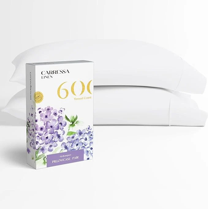 Carressa Linen Egyptian Cotton King Size Pillow Cases Set of 2 – Luxury 600 Thread Count King Pillowcases White Silky Soft Cooling Breathable Sateen Weave Hotel Quality Bed Pillow Cover High-Quality