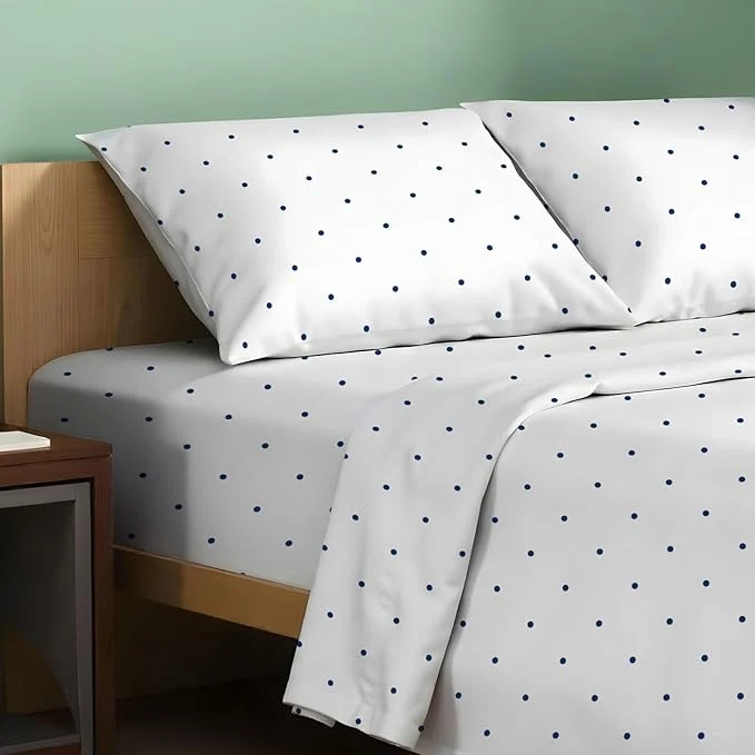 Artisan TEXAS LINEN CO. Organic Cotton Printed Sheets Twin XL Size – 3 PC Organic Cotton Percale Sheets Twin XL Polka Dot – Navy Cooling Sheet for Dorm Room 16 quot Deep Pocket – GOTS Unique