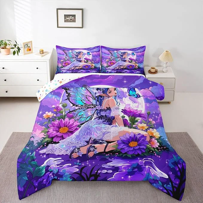 Minimalist Erosebridal Fairy Girl Bedding Sets King – Flower Fairytale Comforter Set for Kids Adults Blue Butterfly Floral Decor Duvet Insert Purple Galaxy Moon Quilt Responsible
