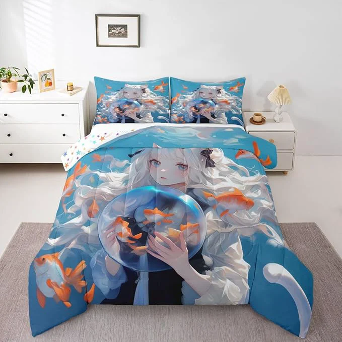 Minimalist Erosebridal Anime Gifts Comforter Set for Lovers – Japanese Girl Style Bedding Queen Cartoon Goldfish Decor Quilt Kawaii Bedroom Decor With 2 Pillowcases Elite