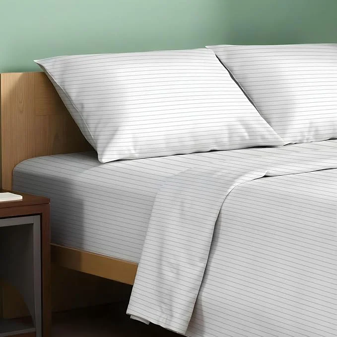 First-Class TEXAS LINEN CO. Organic Cotton Printed Sheets Twin XL Size – 3 PC Organic Cotton Percale Sheets Twin XL Pinstripe – Light Grey Cooling Sheet for Dorm Room 16 quot Deep Pocket – GOTS Sustainable