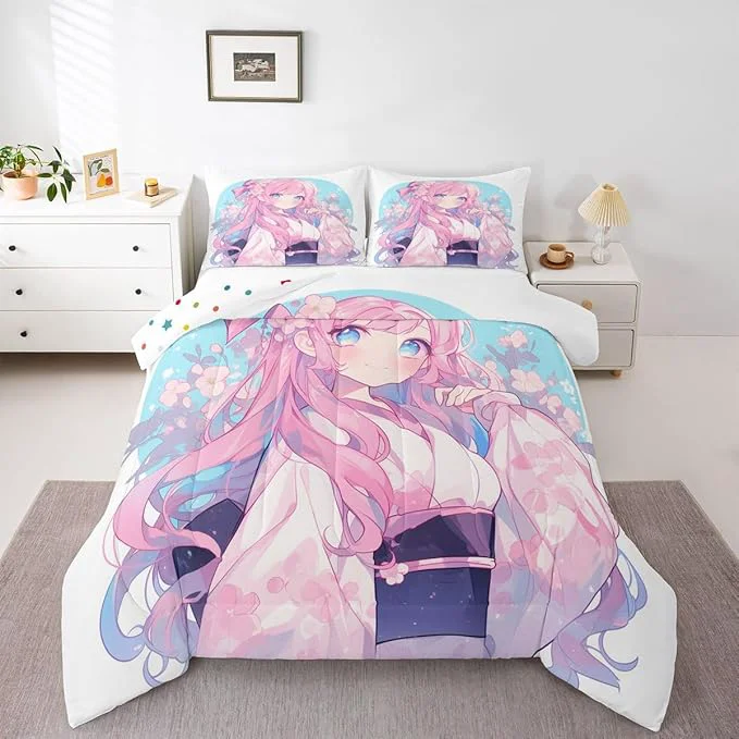 Authentic Erosebridal Girls Bedding Japanese Style Comforter Set King 3D Anime Girl Duvet Insert Cartoon Kawaii Kimono Girl Bedding Comforter Sets Romantic Gifts for Her Consistent