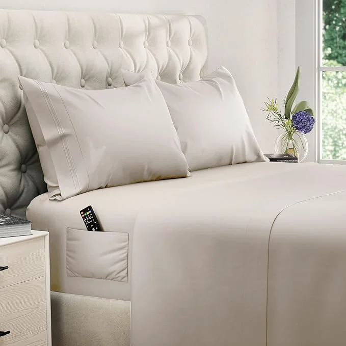 Crafted DREAMCARE Queen Sheet Set – 4 pcs Cooling Sheets – up to 21 Extra Deep Pocket Queen Sheets – Hotel Luxury Sheets amp Pillowcases – Superior Softness Microfiber with Side Pocket – Beige Easy-to-Use