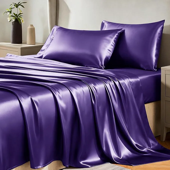 Carefully Designed CozyLux Satin Sheets King Size Sheet Set – 4 Piece Silky King Sheets Luxury Purple King Bed Set with Smooth and Soft Microfiber Includes 1 Fitted Sheet 1 Flat Sheet and 2 Pillowcases Efficient