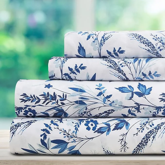 High-Quality DREAMCARE King Size Floral Sheets – 4pc King Bed Set – Cooling amp Soft Long Lasting – Floral Blue Professional