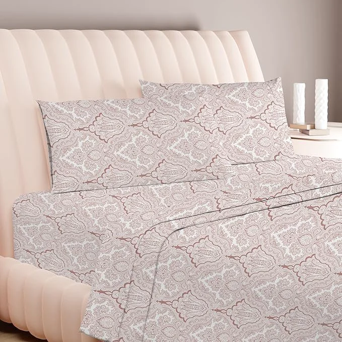 Prestigious Carressa Linen Luxury Egyptian Cotton California King Printed Sheet Set 600 Thread Count Extra Long Staple 4 PC Set Paisley Blush Cal King Printed Sheets Soft Cooling Sheets Upto 18 in Deep Pocket Genuine