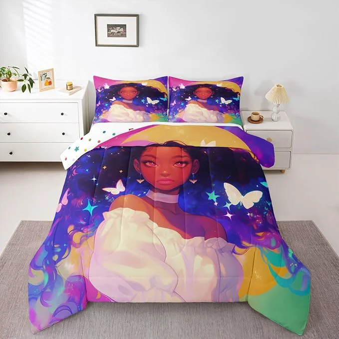 World-Class Erosebridal Black Princess Bedding Sets American Afro-Girl Comforter Set Moon Galaxy Girl Butterfly Decorations Bedding Queen Outstanding
