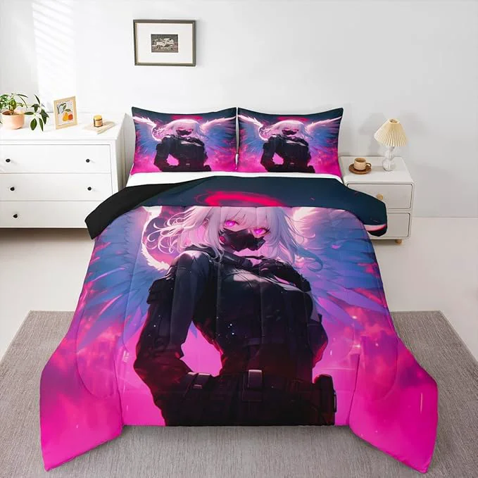 Durable Erosebridal Anime Girl with Wings Bedding King Size for Girls Adults Kids Japanese Virtual ity Comforter Cartoon Poster Style Duvet Set for Boys Teen Bedroom Decor with 2 Pillowcases Carefully Designed
