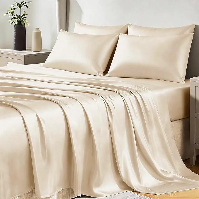 Trusted CozyLux Satin Sheets King Size Sheet Set – 6 Piece Silky King Sheets Luxury Champagne King Bed Set with Smooth and Soft Microfiber Includes 1 Fitted Sheet 1 Flat Sheet and 4 Pillowcases Elite