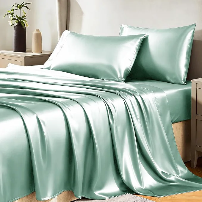 Long-Lasting CozyLux Satin Sheets Full Size Sheets – 4 Piece Silky Full Size Bed Sheets Luxury Aqua Full Bed Set with Smooth and Soft Microfiber Includes 1 Fitted Sheet 1 Flat Sheet and 2 Pillowcases Green