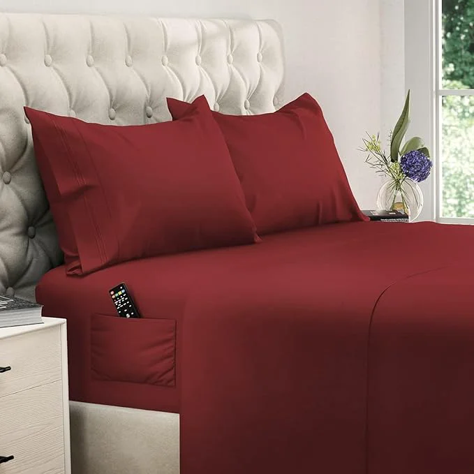 Elite DREAMCARE Full Size Sheets – 4 pcs Cooling Sheets – up to 21 Deep Full Sheet Set – Hotel Luxury Sheets amp Pillowcases – Superior Softness Fine Microfiber with Side Pocket – Burgundy Fashionable