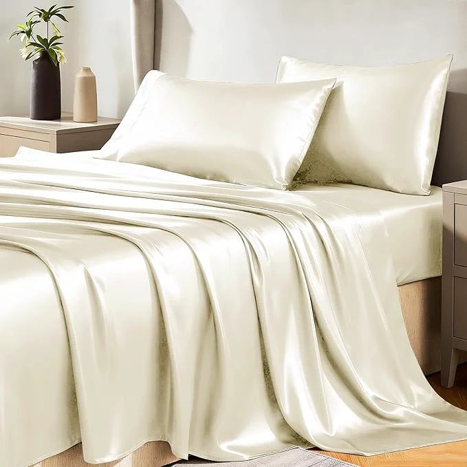 Authentic CozyLux Satin Sheets King Size Sheet Set – 4 Piece Silky King Sheets Luxury Cream King Bed Set with Smooth and Soft Microfiber Includes 1 Fitted Sheet 1 Flat Sheet and 2 Pillowcases Superior