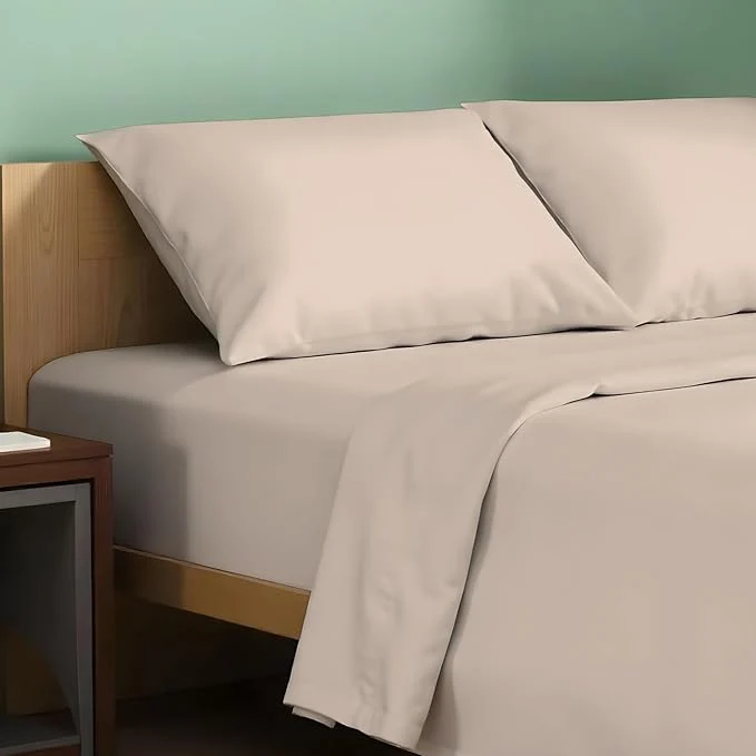 Durable TEXAS LINEN CO. Organic Cotton Sheets California King Size – 4 PC Organic Cotton Cal King Size Percale Weave Sheet Set Soft Cooling amp Crisp 16 quot Deep Pocket Hotel Quality Bedding Set – Taupe Modern