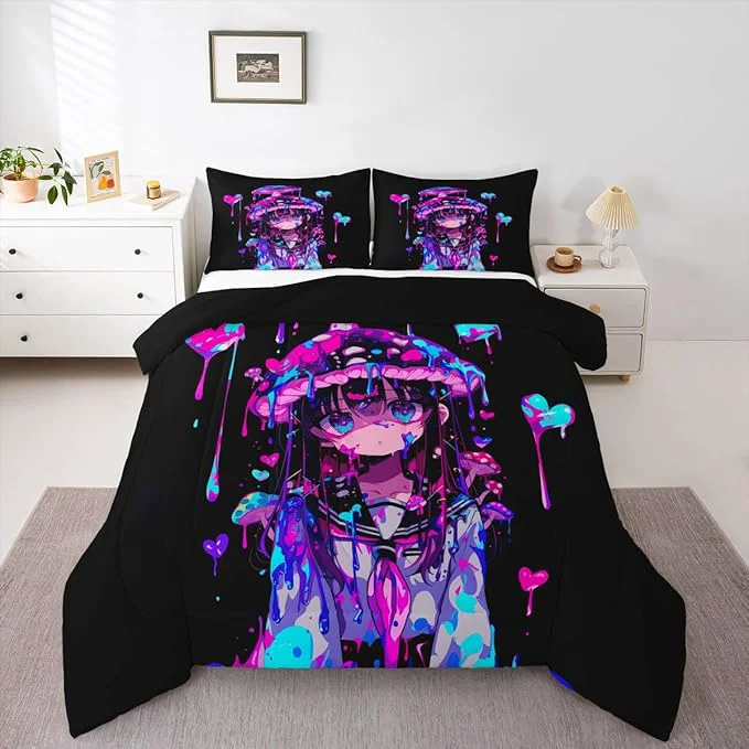 Minimalist Erosebridal Mushroom Girl Comforter Set for Kids Boys Girls 3D Japanese Girly Bedding Watercolor Graffiti Duvet Set Cute Anime Gifts Comforter Full with 2 Pillowcases Quality