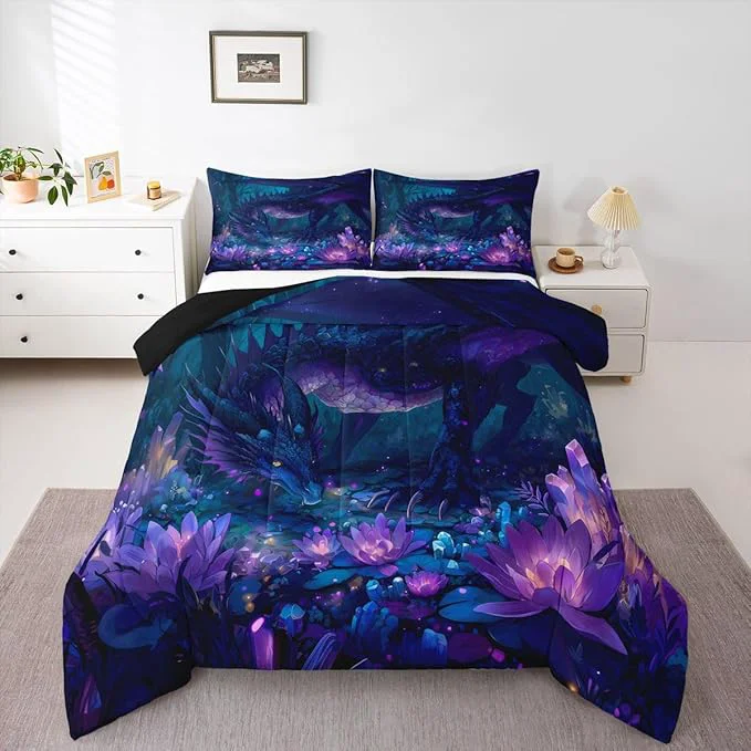 Innovative Feelyou Dragon Comforter Set Full Size Dragon Stuff Bedding Set for Kids Boys Girls Wild Life Duvet Quilt Wildlife Bedroom Decor Purple and Black Microfiber 3 Pcs with 2 Pillow Cases Recyclable