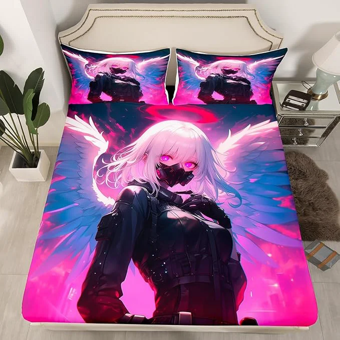 Smooth Erosebridal Anime Girl with Wings Bed Sheets Full Size for Girls Adults Kids Japanese Virtual ity Fitted Sheet Cartoon Poster Style Bed Set for Boys Teen Bedroom Decor with 2 Pillowcases Premium