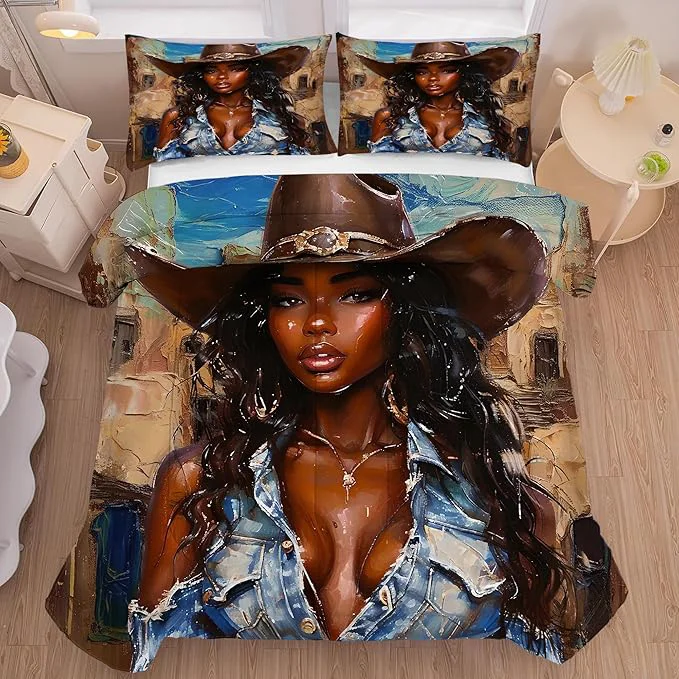 Reusable Girls Comforter Set King Western Bedding for Cowboys Women Girls African American Bed Bedroom Dorm Fashion Quilt 1 Comforter 2 Pillow Cases Durable