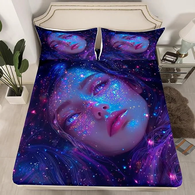 High-End Erosebridal 3D Japanese Girl Fitted Sheet with Glitter Stars Decorations Galaxy Bed Sheets Full Size 3 Pieces Anime Decor Bedding Set Fashion Anime Gifts for Girls Sheets with 2 Pillowcases Unique