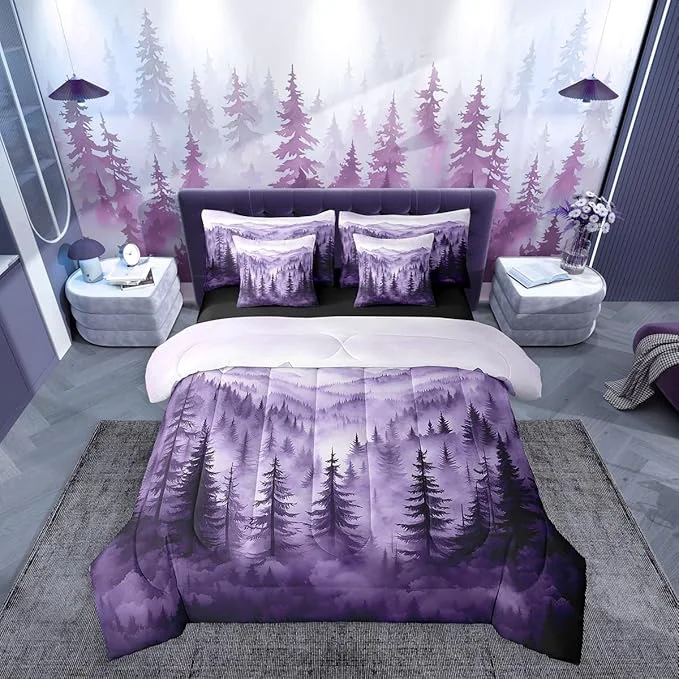 Verified Erosebridal Purple Forest 7 Piece Comforter Set Full Rustic Woodland Pine Tree Bedding Set with Sheets Jungle Smoky Mountain Bed in A Bag for Adults Women Men Retro Natural Landscape Bed Set Classic