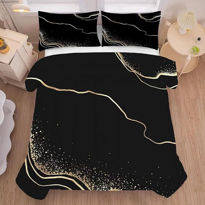 Quality Marble Comforter Set Full Queen Size Black and Gold Bedding for Girls Teen Women Men Bedroom Decor Texture Luxury Marbling Quilt Bed Sets 1 Comforter 2 Pillowcases Refined