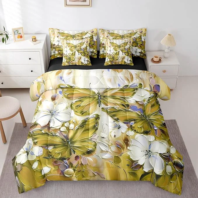 Soft Floral Butterfly 7 Piece Bed In A Bag Full White Flowers Oil Painting Boho Bedding Set With Sheets Retro Aesthetics Yellow Butterfly Comforter Set For Girls Teen Women Bohemian Animal Bed Set Prestigious